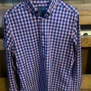 Madison Men's Casual Pink and Blue Plaid Shirt